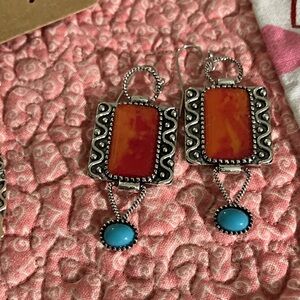 Artisan Silver and Orange Earrings with Blue Accents